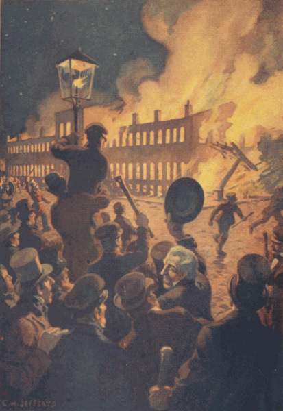 L'incendie du parlement par C. W. Jefferys, extrait de The Winning of Popular Government: A Chronicle of the Union of 1841 Vol. 27 of "The Chronicles of Canada" Toronto: Glasgow, Brook & Company, 1920 
