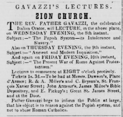 Publicité annonçant la conférence de Gavazzi. Extrait du Montréal Witness du 8 juin 1853.