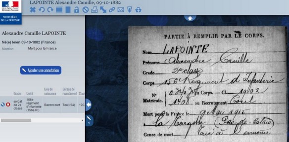 Ma première indexation sur MDH: Alexandre Camille Lapointe, mort pour la France à La Targette, Pas-de-Calais, le 9 mai 1915.